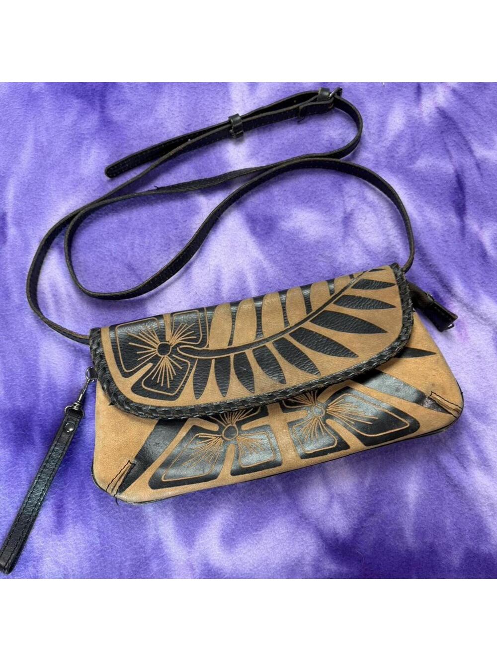 Patricia Nash BAKU brown & black leather crossbody bag cutout floral design